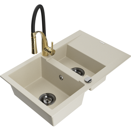 Mexen Gaspar granite 1.5-bowl sink with drainer and Aster kitchen faucet, beige - 6507-69-73450-57-B