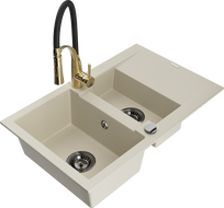 Mexen Gaspar granite sink 1.5-bowl with drainer and Aster kitchen tap, beige - 6507-69-73450-57-B