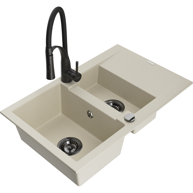 Mexen Gaspar 1.5-bowl granite sink with drainer and Aster kitchen tap, beige - 6507-69-73450-70-B
