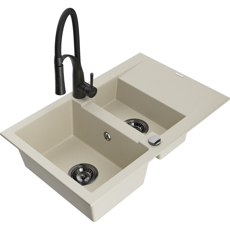 Mexen Gaspar granit sink 1.5-bowl with drainer and Aster kitchen faucet, beige - 6507-69-73450-70-B
