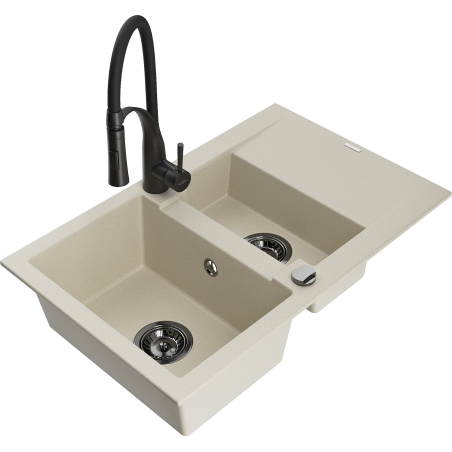 Mexen Gaspar granit sink 1.5-bowl with drainer and Aster kitchen faucet, beige - 6507-69-73450-70-B