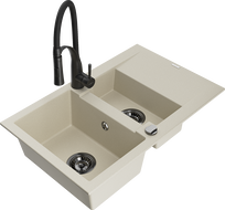 Mexen Gaspar granit sink 1.5-bowl with drainer and Aster kitchen faucet, beige - 6507-69-73450-70-B