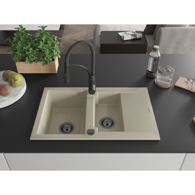 Mexen Gaspar granite kitchen sink 1.5-bowl with drainer and Aster kitchen faucet, beige - 6507-69-73450-70-B