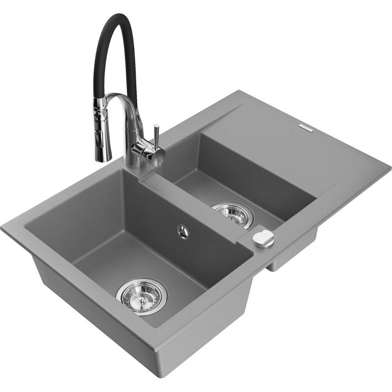 Mexen Gaspar granite sink 1.5-bowl with drainer and Aster kitchen tap, grey - 6507-71-73450-07
