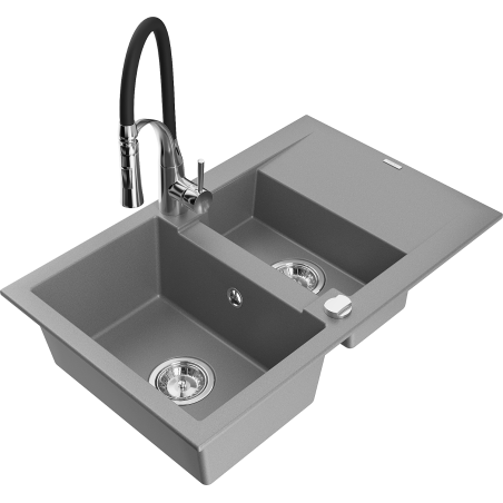 Mexen Gaspar 1.5-bowl granite sink with drainer and Aster kitchen faucet, gray - 6507-71-73450-07