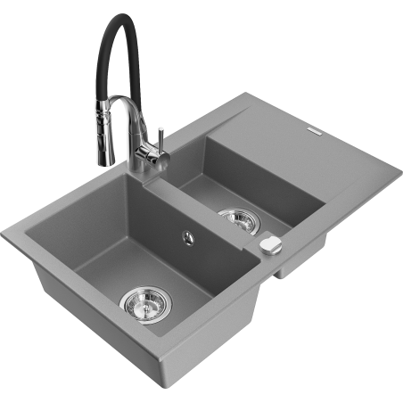 Mexen Gaspar granite sink 1.5-bowl with drainer and Aster kitchen tap, grey - 6507-71-73450-07