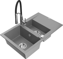 Mexen Gaspar 1.5-compartment granite sink with a drip tray and kitchen mixer tap Aster, Grey - 6507-71-73450-07