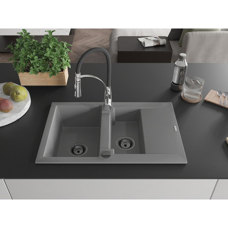 Mexen Gaspar 1.5-bowl granite sink with drainer and Aster kitchen faucet, gray - 6507-71-73450-07-B