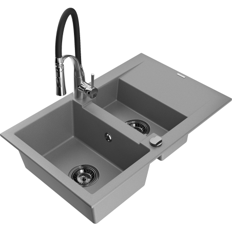 Mexen Gaspar granite sink 1.5-bowl with drainer and Aster kitchen faucet, gray - 6507-71-73450-07-B