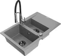 Mexen Gaspar granite sink 1.5-bowl with drainer and Aster kitchen tap, grey - 6507-71-73450-07-B