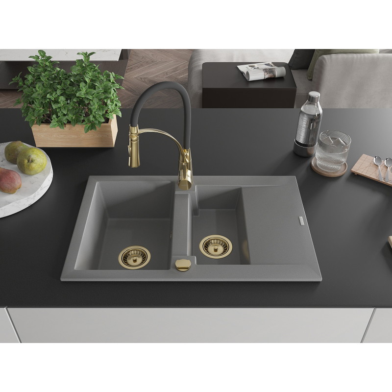 Mexen Gaspar 1.5-bowl granite sink with drainer and Aster kitchen faucet, gray - 6507-71-73450-57-G