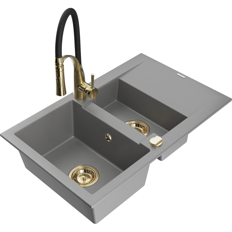 Mexen Gaspar 1.5-compartment granite sink with a drip tray and kitchen mixer tap Aster, Grey - 6507-71-73450-57-G