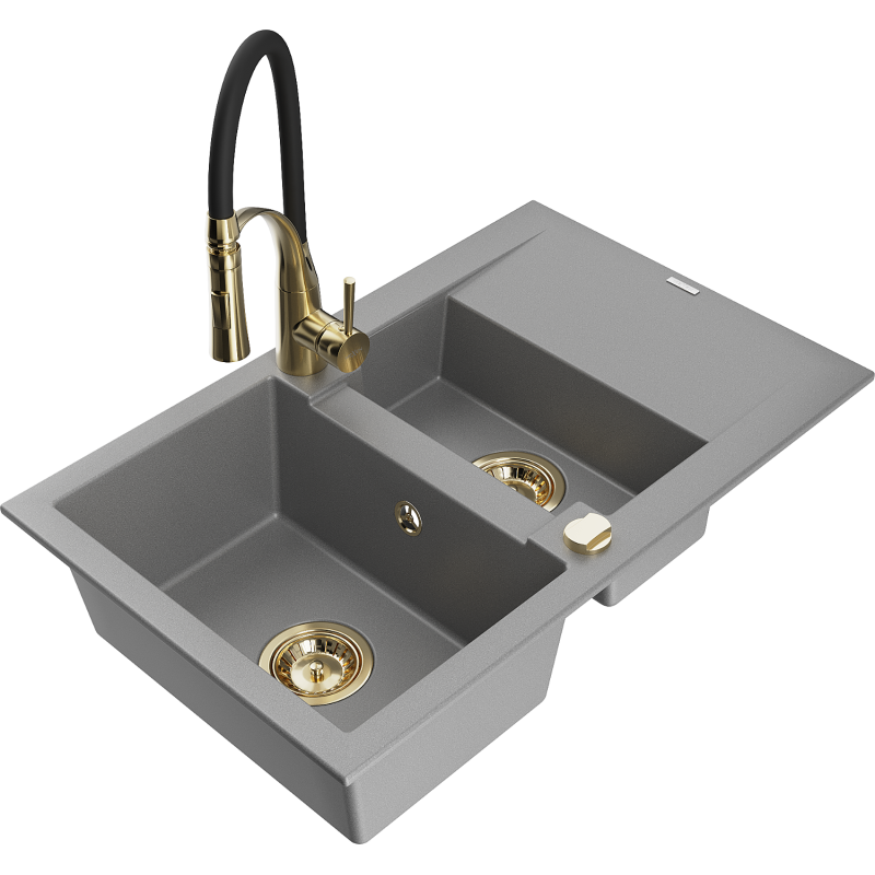Mexen Gaspar granite sink 1.5-bowl with drainer and Aster kitchen tap, grey - 6507-71-73450-57-G