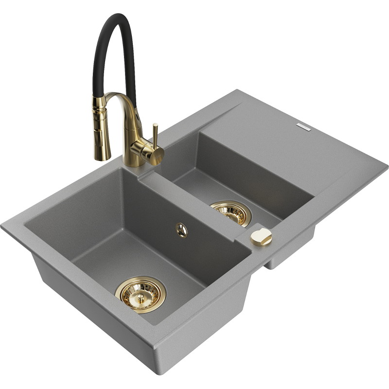 Mexen Gaspar granite sink 1.5-bowl with drainer and kitchen faucet Aster, gray - 6507-71-73450-57-G