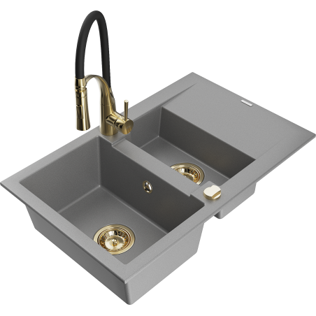 Mexen Gaspar 1.5-bowl granite sink with drainer and Aster kitchen faucet, gray - 6507-71-73450-57-G