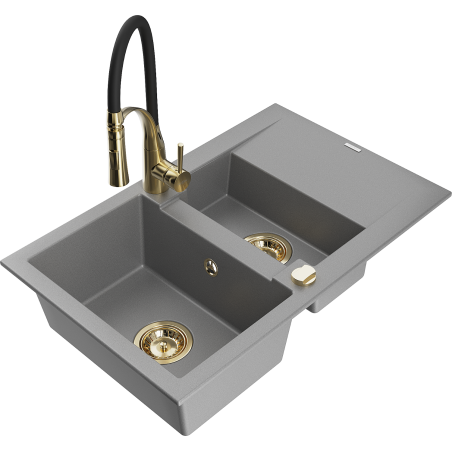Mexen Gaspar granite sink 1.5-bowl with drainer and Aster kitchen tap, grey - 6507-71-73450-57-G