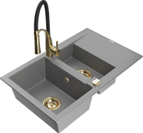 Mexen Gaspar granite sink 1.5-bowl with drainer and Aster kitchen tap, grey - 6507-71-73450-57-G