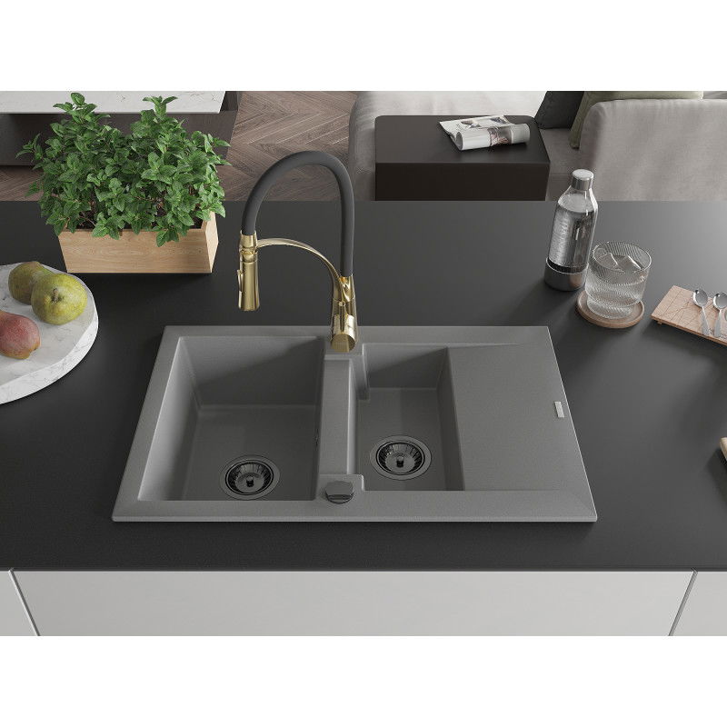 Mexen Gaspar granite sink 1.5-bowl with drainer and Aster kitchen tap, grey - 6507-71-73450-57-B