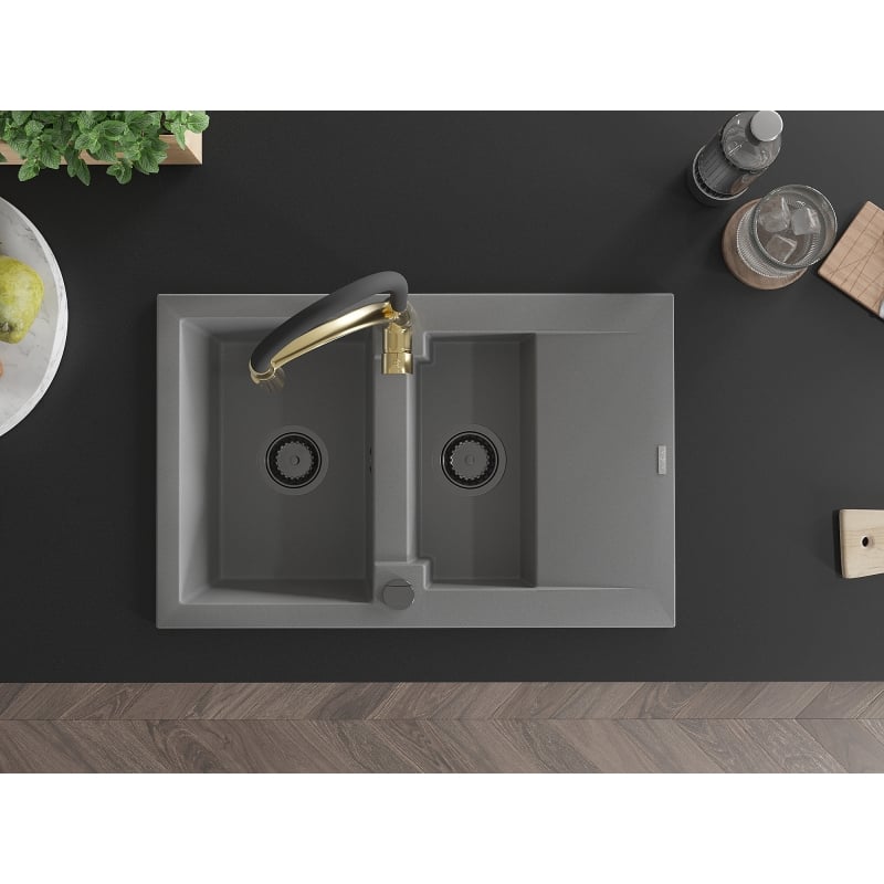 Mexen Gaspar 1.5-bowl granite sink with drainer and Aster kitchen faucet, gray - 6507-71-73450-57-B