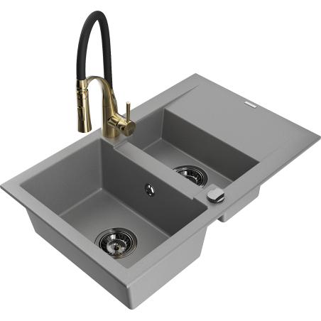 Mexen Gaspar 1.5-bowl granite sink with drainer and Aster kitchen faucet, gray - 6507-71-73450-57-B