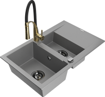 Mexen Gaspar granite sink 1.5-bowl with drainer and Aster kitchen tap, grey - 6507-71-73450-57-B