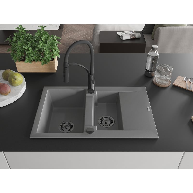 Mexen Gaspar 1.5-bowl granite sink with drainer and Aster kitchen faucet, gray - 6507-71-73450-70-B