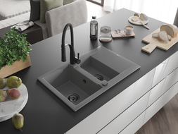 Mexen Gaspar granite sink 1.5-bowl with drainer and Aster kitchen tap, grey - 6507-71-73450-70-B