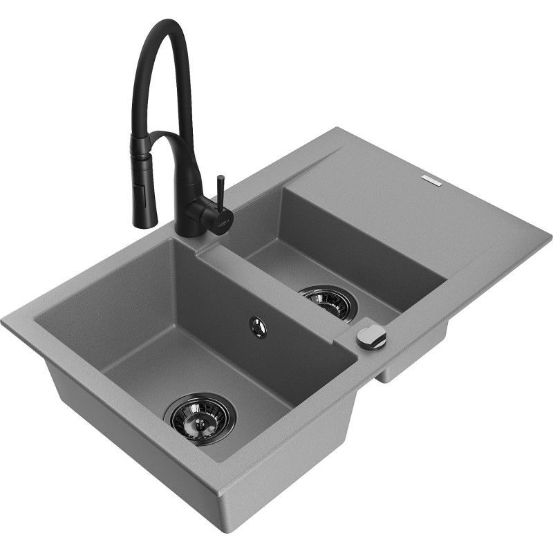 Mexen Gaspar granite kitchen sink 1.5-bowl with drainer and Aster kitchen faucet, gray - 6507-71-73450-70-B