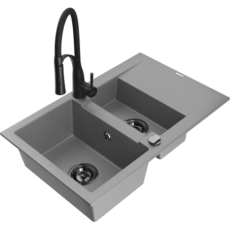 Mexen Gaspar 1.5-bowl granite sink with drainer and Aster kitchen faucet, gray - 6507-71-73450-70-B