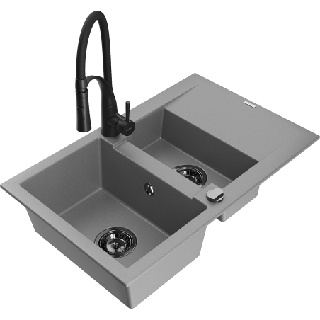 Mexen Gaspar granite sink 1.5-bowl with drainer and Aster kitchen tap, grey - 6507-71-73450-70-B