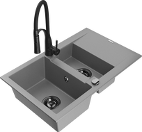 Mexen Gaspar granite sink 1.5-bowl with drainer and Aster kitchen tap, grey - 6507-71-73450-70-B