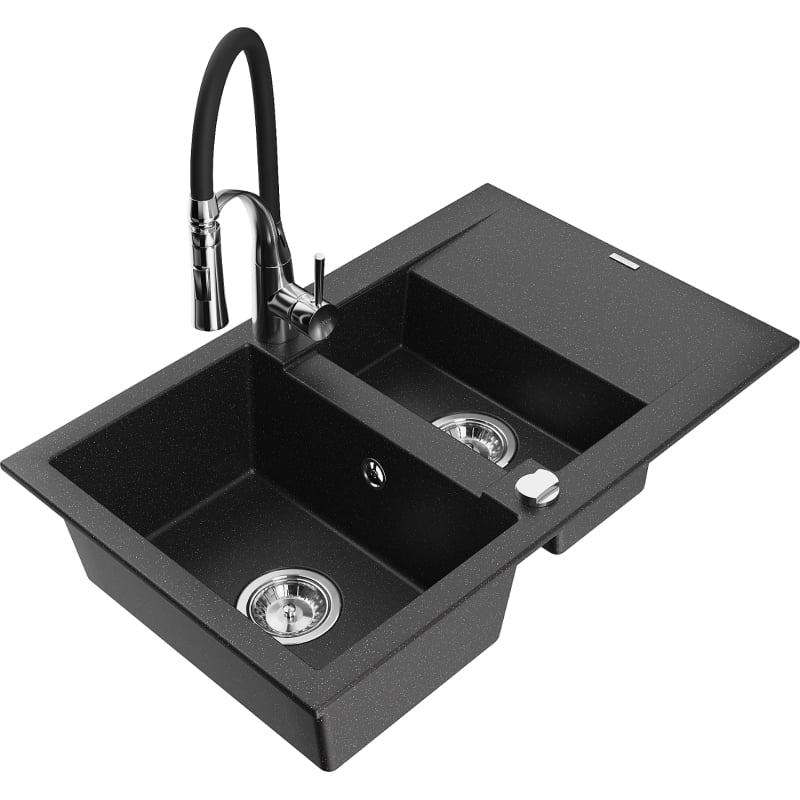 Mexen Gaspar granite sink 1.5-bowl with drainer and Aster kitchen faucet, black/silver metallic - 6507-73-73450-07