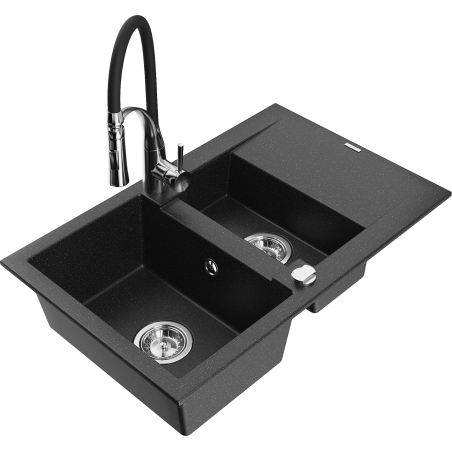 Mexen Gaspar 1.5-bowl granite sink with drainer and Aster kitchen faucet, black/silver metallic - 6507-73-73450-07