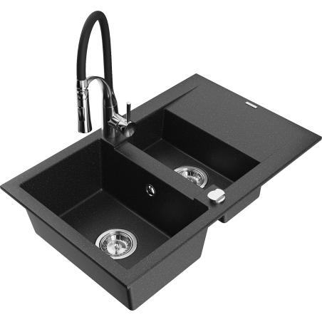 Mexen Gaspar granite sink 1.5-bowl with drainer and Aster kitchen faucet, black/silver metallic - 6507-73-73450-07