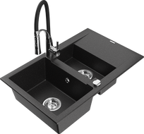 Mexen Gaspar 1.5-bowl granite sink with drainer and Aster kitchen faucet, black/silver metallic - 6507-73-73450-07