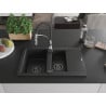 Mexen Gaspar 1.5-bowl granite sink with drainer and Aster kitchen faucet, black/silver - 6507-73-73450-07-B