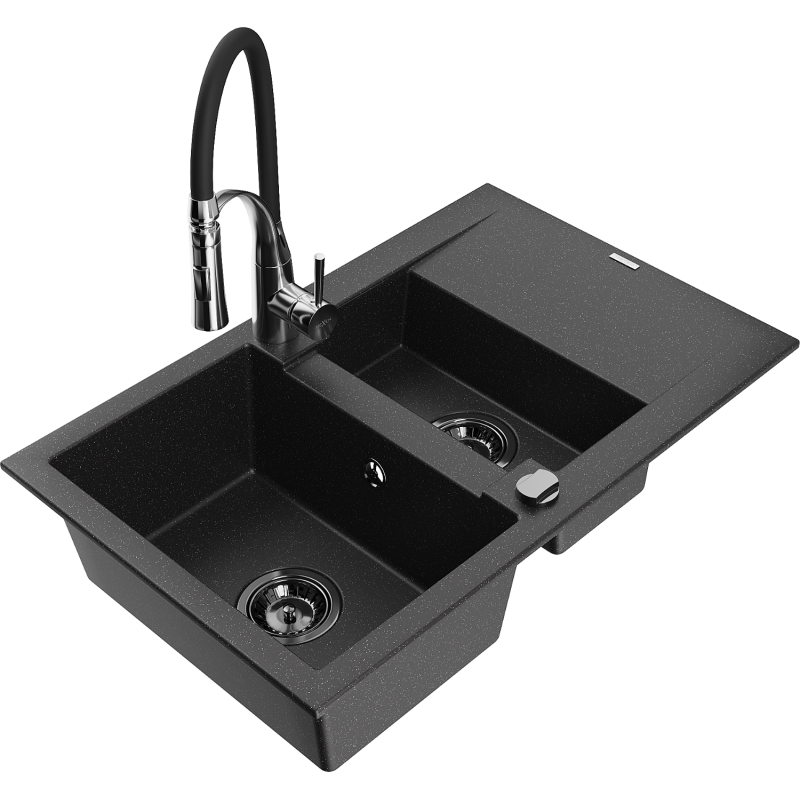 Mexen Gaspar 1.5-compartment granite sink with a drip tray and kitchen mixer tap Aster, Black/Silver - 6507-73-73450-07-B