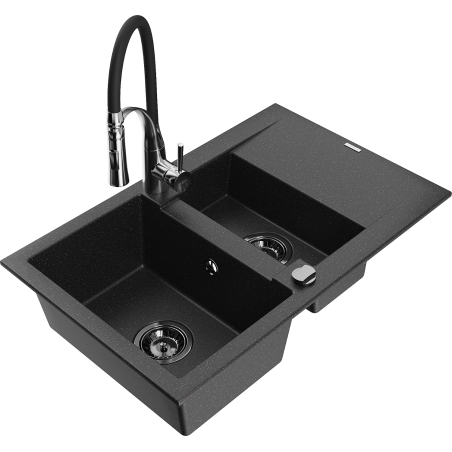 Mexen Gaspar 1.5-bowl granite sink with drainer and Aster kitchen faucet, black/silver - 6507-73-73450-07-B