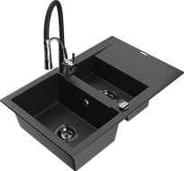 Mexen Gaspar granite kitchen sink 1.5-bowl with drainer and Aster kitchen tap, black/silver - 6507-73-73450-07-B