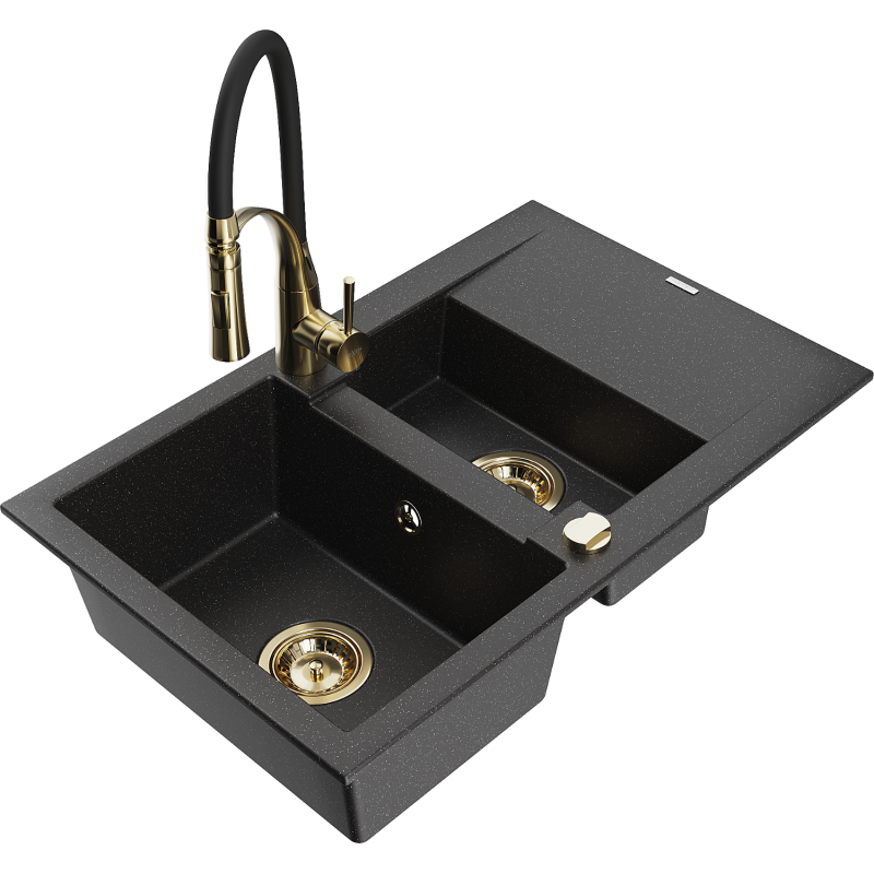 Mexen Gaspar granite sink 1.5-bowl with drainer and Aster kitchen tap, black/silver - 6507-73-73450-57-G