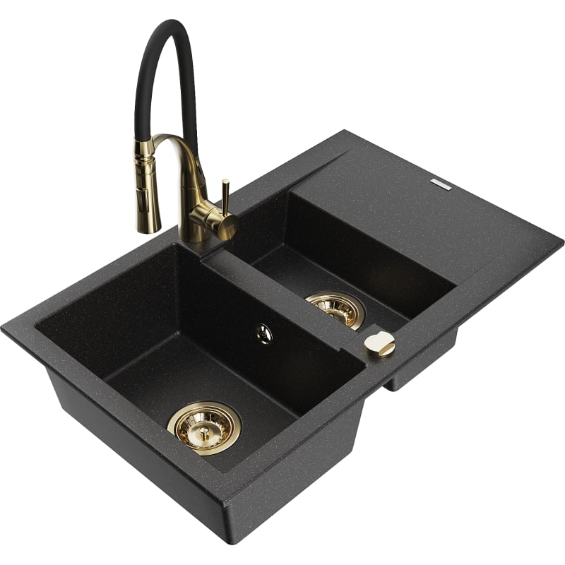 Mexen Gaspar granite sink 1.5-bowl with drainer and kitchen faucet Aster, black/silver - 6507-73-73450-57-G