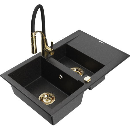 Mexen Gaspar granite sink 1.5-bowl with drainer and kitchen faucet Aster, black/silver - 6507-73-73450-57-G
