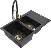 Mexen Gaspar granite sink 1.5-bowl with drainer and Aster kitchen tap, black/silver - 6507-73-73450-57-G