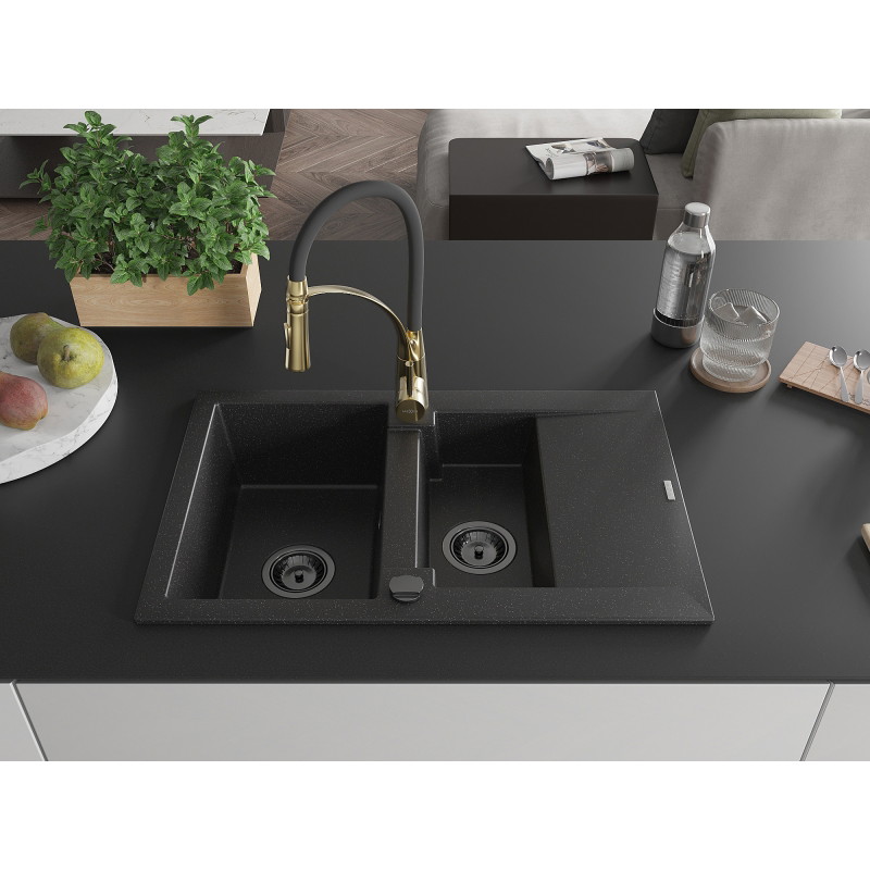 Mexen Gaspar 1.5-bowl granite kitchen sink with drainer and Aster kitchen faucet, black/silver - 6507-73-73450-57-B