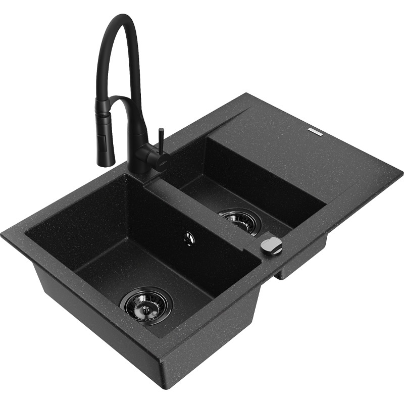 Mexen Gaspar granite sink 1.5-bowl with drainer and Aster kitchen faucet, black/silver - 6507-73-73450-70-B