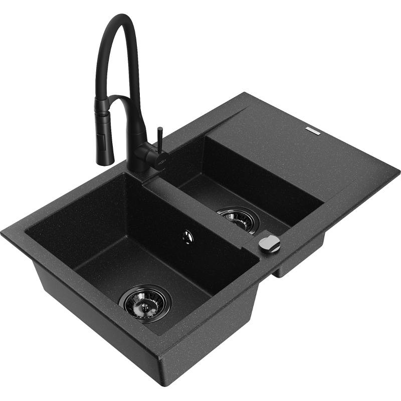 Mexen Gaspar granite sink 1.5-bowl with drainer and Aster kitchen tap, black/silver - 6507-73-73450-70-B