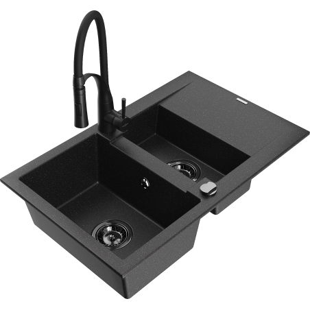 Mexen Gaspar 1.5 Bowl Granite Sink with Drainer and Aster Kitchen Faucet, Black/Silver - 6507-73-73450-70-B