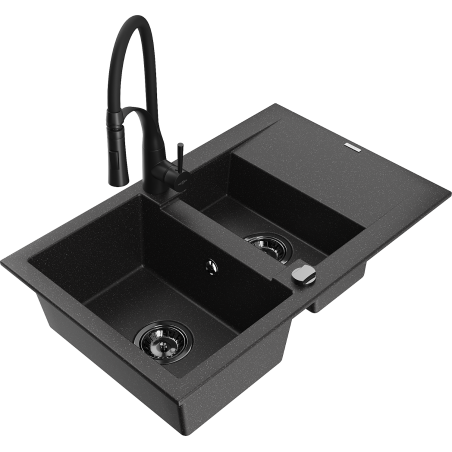 Mexen Gaspar granite sink 1.5-bowl with drainer and Aster kitchen tap, black/silver - 6507-73-73450-70-B
