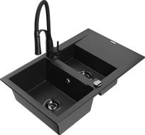 Mexen Gaspar granite sink 1.5-bowl with drainer and Aster kitchen tap, black/silver - 6507-73-73450-70-B