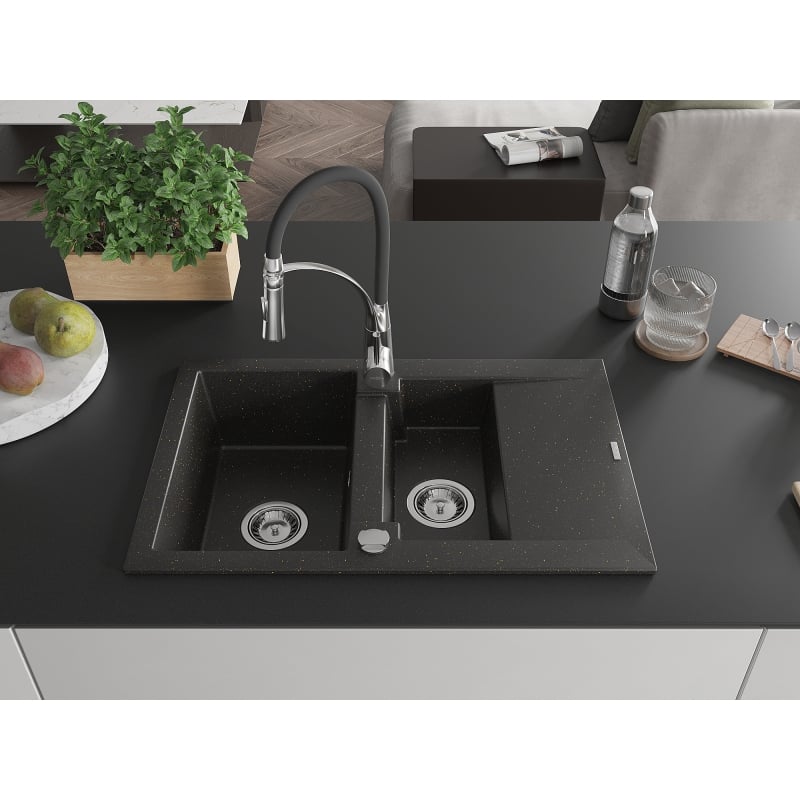 Mexen Gaspar granite kitchen sink 1.5-compartment with drainer and Aster kitchen faucet, black/golden metallic